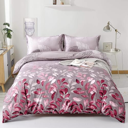 Pink Duvet Cover Double Pink Floral Bedding Set, Reversible Lightweight Leaves Bedding Sets 3pcs with Zipper Closure (Double, 200x200cm)