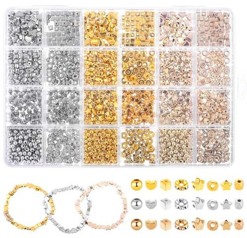 DSLSQD 1740 Pcs 8 Styles Beads for Bracelet Making, Gold Silver Spacer Beads Star Round Ball Heart Bracelet Beadss Jewellery Making Kits for DIY Bracelet Necklace Earring Crafts Jewelry Making