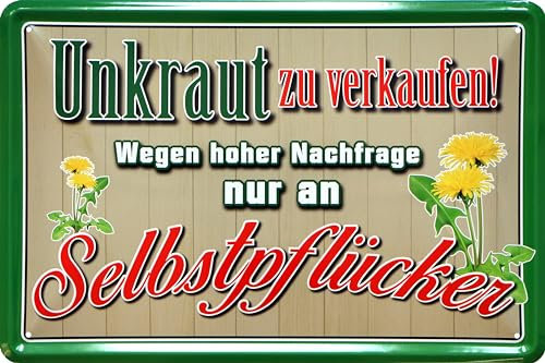 WOGEKA ART Retro Blechschild - Unkraut zu verkaufen an Selbstpflücker - lustiger Spruch als Geschenk-Idee zur Deko, 20 x 30 cm, aus Metall im Vintage Design 1122