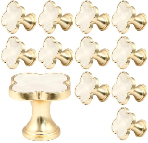 Suiwotin 12 Pack Cabinet Knobs, Clover Decorative Drawer Knobs, Brushed Gold Kitchen Cabinet Pulls, Vanity Drawer Handles for Closet, Cupboard, Pantry (White)
