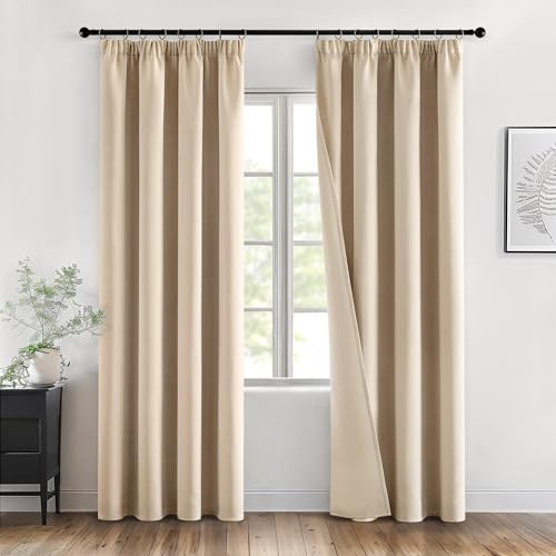 MIULEE Verdunklungsvorhang mit Kräuselband Blickdicht B140 H145 Dunkelbeige | 2er Set blickdichter Verdunklungsvorhang mit Kräuselband, thermo, modernes Design, dekorativ für Wohnzimmer und Schlafzimmer
