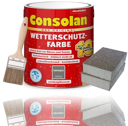 Consolan Wetterschutzfarbe Set 2,5 l Holzfarbe Dauerschutz Deckend mit Zubehör (Galeriegrau)
