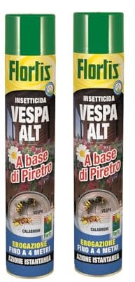 Flortis Vespa Alt. Set 2 unità di insetticida aerosol a base di piretro. Insetticida per vespe e calabroni e nidi. Spray effetto immediato, lungo raggio 4 metri. Insetticida vespe e calabroni 750ml.