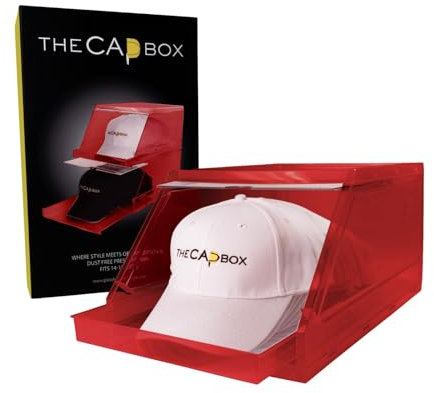 Die CapBox 2.0 aus Kunststoff (2er-Pack), stapelbarer, durchsichtiger Baseballkappenhalter, SnapBack-Kappen-Aufbewahrungsbehälter, Hutablage, Präsentationsbox (Rot)