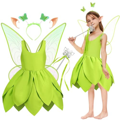 JONRRYIN Deguisement Costume Fée Clochette, Elfe Robe Princesse Fille avec Papillon Ailes Serre-tête Baguette Magique Oreilles Pour Enfant Carnaval Halloween Fête Anniversaire 2-11 Ans (Taille 110)