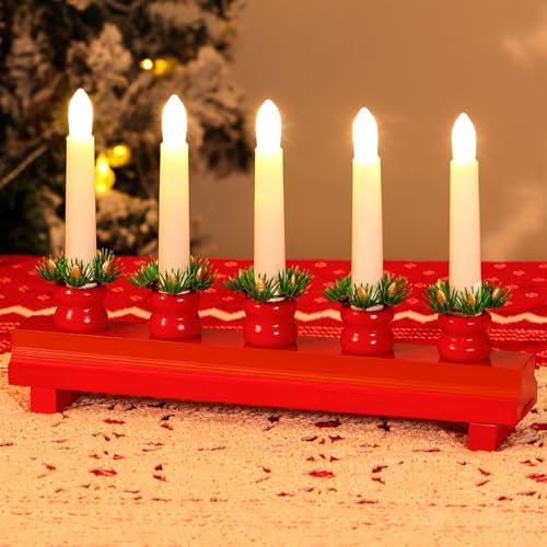 Lewondr Kerzenleuchter Weihnachten, Elektrische Weihnachtsdeko Schwibbogen mit 5 Kerzenlichtern Flammenlos Kerzenbrücke, USB-betrieben LED Bogen Weihnachten Holz Weihnachtslichter Fensterbank, Rot