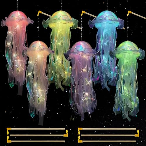 TOPJOWGA Quallen Lampe Hängend, 6 Stück Quallen Laterne Leuchtend, Glitzer Schillernde Quallen Licht, Quallenlaterne Dekorationen, Tragbare Quallen Lampe für Dekorative Atmosphärenbeleuchtung (B)