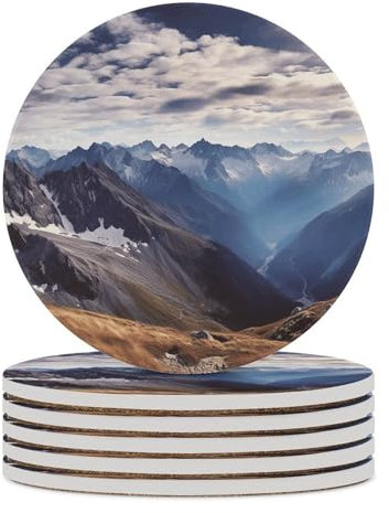 Getränkeuntersetzer Set mit 6 saugfähigen runden Keramikuntersetzern für Kaffee Alpen Panorama Tischuntersetzer mit Korkboden Tischschutzmatte für Home Office Küche