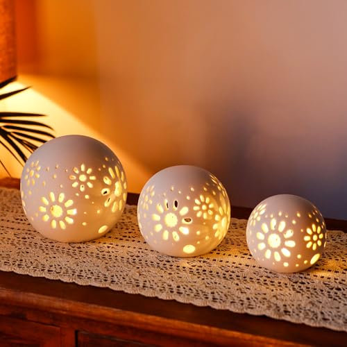 JHY DESIGN 3er-Set Dekorative Tischlampe aus Keramik 11cm H Batteriebetriebene Laterne Floralem Kabelloses Licht für Wohnzimmer Schlafzimmer Hochzeiten Partys Terrasse Veranstaltungen Geschenke(Rund)