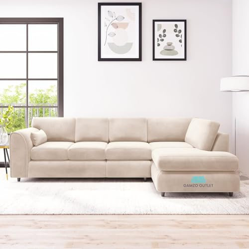 Gamzo Outlet XL Right Hand Corner Full Back Lavish Plush Velvet Sofa Sleek Eye-catchy Fashionable Living Room (Cream, XL Right Hand Corner)