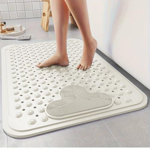 Tappetino antiscivolo per vasca da bagno, con ventose e fori di scarico, tappetino massaggiante per il bagno, 60 x 90 cm, colore: crema