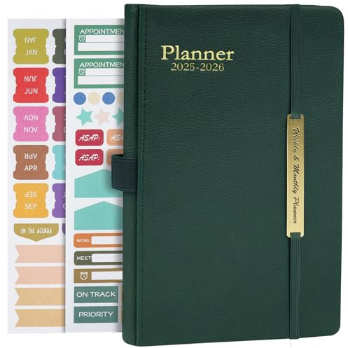 AUAUY Kalender 2025 2026 Buchkalender Hardcover mit PU-Leder, 18-Monate-Terminplaner (Jan.2025-Jun.2026), A5-Schuljahresplaner mit Stickern, Lehrer-Planer Schulplaner Schülerkalender, Terminplaner