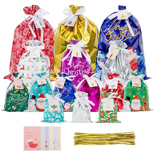 Weihnachten Geschenkbeutel mit Kordelzug, 30 Stück Geschenkverpackung Weihnachten Klein mit Band, Weihnachtstüten zum Befüllen für Geschenke, Weihnachtsgeschenke