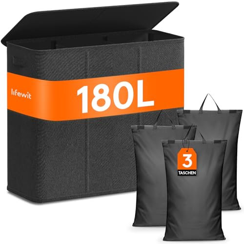 Lifewit 180L Wäschekorb 3 Fächer, Wäschesammler mit Deckel, Wäschekorb Wäschekörbe Groß 3 Abnehmbarem Wäschesack, Laundry Baskets mit Griffen, Waschenkorbe Wäschetonne Wäschesortierer, Schwarz