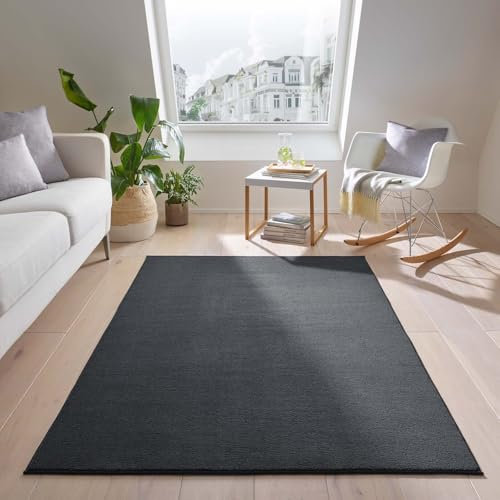 Teppich Kurzflor waschbar sehr weich für Wohnzimmer Esszimmer und Kinderzimmer Flachflor Uni Einfarbig anthrazit 80x150 cm