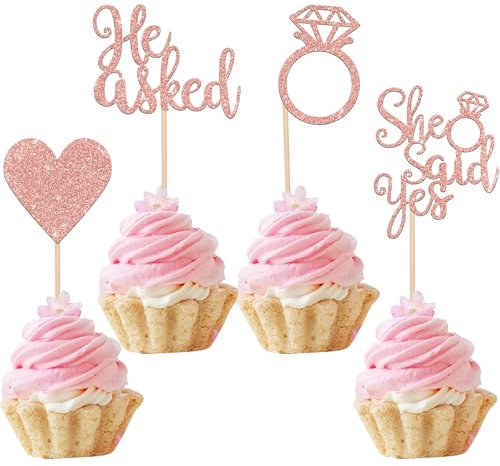 Xsstarmi 24 Pack He Asked She Said Yes Cupcake Toppers Glitter Heart Ring Bachelorette Cupcake Picks Wedding Engagement Cake Decorations for Wedding Bridal Shower Party Supplies Rose Gold