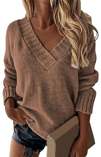 Jersey Punto Mujer Suéter Cuello Pico Otoño Fino De Manga Larga con Cuello En V De Color Liso