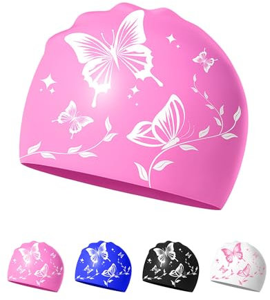 Cuffia Piscina Donna in Silicone Antiscivolo, Resistente all'Acqua – Design Elegante per Nuoto (Farfalla rosa)