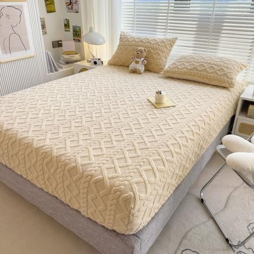 KnSam Beige Khaki Betthusse 90x200cm Dünn, Jacquard Spannbettlaken für Topper 3D Muster Einfarbig Faltenresistent und Ausbleichen, Samt Tagesdecken Unterbett als Schutz für Boxspringbett & Topper