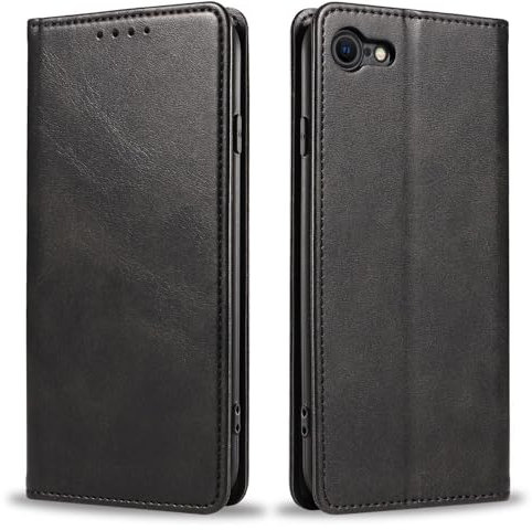 Mixroom - Custodia Cover Case a Libro Nero per iPhone SE 2020 con Stand in Ecopelle Chiusura Magnetica Formato Portafoglio Parte Interna in TPU Morbida con Bordi Piatti