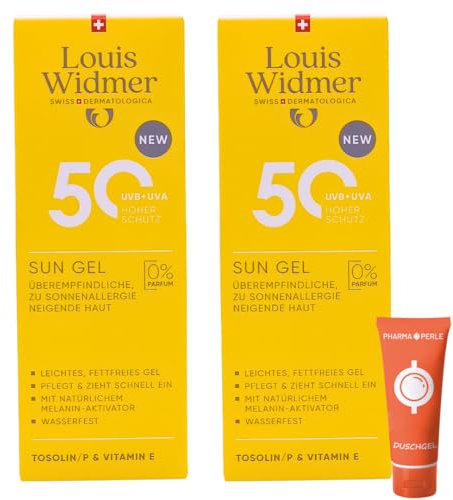 Louis Widmer Sun Gel 50, 2x 100 ml I leichte, fettfreie Gel-Creme I wasserfest I für überempfindliche, zu Sonnenallergie neigende Haut I hoher UV-Schutz I Spar-Set plus Pharma Perle give-away