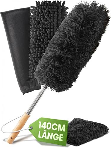 BAMBUA Staubwedel Teleskop Set - Erstklassiges Staubfänger Set - 3 Effektive Aufsätze - Nachhaltiger Bambusgriff - Premium Staubwischer für nachhaltige Reinigung inkl. Mikrofasertuch (140 cm)