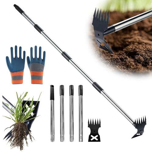 nnOuOnn Outil de désherbage à long manche de 148 cm, extracteur de mauvaises herbes à long manche, râteau 2 en 1 pour désherbage, désherbeur robuste pour jardin, pelouse, terrasse, jardin