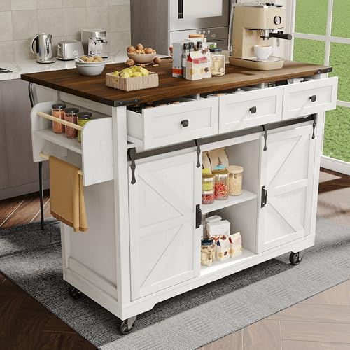Rtopsu Kücheninsel Freistehend 140x73x94 cm mit Klappbarer Arbeitsplatte und 5 Rollen, Küchenschrank mit 2 Schiebetüren und 3 Schubladen, Küchenmöbel mit Ablage und Handtuchhalter, Beige