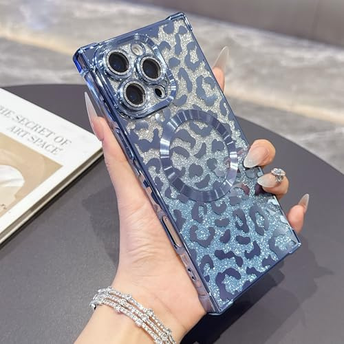 QIWEIQING Compatible with iPhone 13 Pro Case, Leopard Print Phone Case, Compatible with MagSafe of Glitter Design, Shockproof Protective Girls and Men Women Cover for iPhone 13 Pro. Blue BW