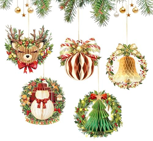 AOBKIAT Weihnachtliche Waben-Party-Dekorationen, Papier-Hängeornamente mit Glitzerkante, Mini-Weihnachtskranz-Stil, Ornament für Weihnachtsbaum, Büro, Schule, Einkaufszentrum, Heimdekoration, 5 Stück