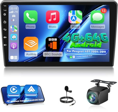 [4G+64G] Android Radio de Coche para Peugeot 407 2004-2011 con Wireless Carplay & Android Auto, Pantalla Táctil de 9 Pulgadas con GPS, WiFi, 32EQ, Bluetooth 5.0, Radio FM/RDS