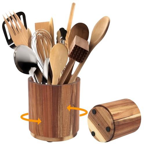 Acacia Wooden Utensil Holder,360° Rotating, Large Countertop Organizer,Farmhouse Utensil Crocks Organiser Cutlery Caddy,Cooking Tools Storage for Spoons, Cooking Tools, etc. (16.7cm x 15cm x 15cm)