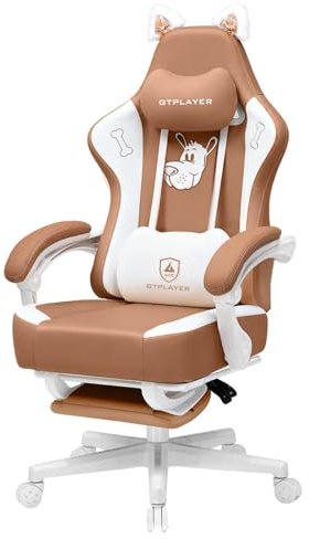 GTPLAYER Linda Silla de Gaming, Silla de Oficina ergonómica, con Orejas de Gato, Espuma viscoelástica y reposapiés, 150 kg, Piel sintética, Color marrón