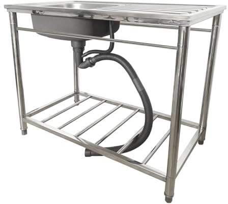 Évier utilitaire en acier inoxydable pour cuisine commerciale avec plan de travail, 1 compartiment, sur pied, robinet eau chaude/froide, idéal pour buanderie extérieure, bar, restaurant ou traiteur.