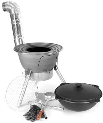 Utschak Uchag Set mit Kazan 8L Gusseisen + Aludeckel Outdoor Ofen 2 mm Stahl mit Rauchrohr, Grillrost & Zubehör Kasan Topf Camping Küche Feuerstelle Komplettset