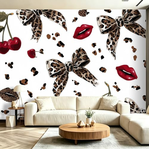 Fashion Photo Mural, Non-Woven Paste the Wall Wallpaper for Living Room, Photorealistic Wide Fashion Pop Leopard Print Red Cherries Lips Wall Art Decoration Easy to Hang, 300 x 210 cm (W x H)