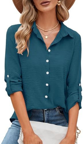 Odosalii Womens Blouses Rolled Up Long Sleeve V Neck Button Down Shirt | Elegant Work Office Business Casual Tunic Tops