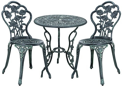 Rose Design Garden Bistro Set 1 Table 2 Chairs Cast Iron Green