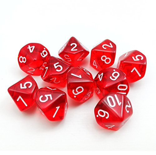 Bescon Polygonal 10-Seitig Würfel Mit Der Nummer 1-10, W10 Rote transparente 10 Seitige Würfel, Würfel - 10 Weiten, 10pcs Set