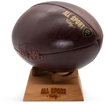 ALL SPORT VINTAGE - Pallone da Rugby e Base in Legno Massiccio - Cioccolato - T5- Pelle di Vachette - Cousu Mano - Marchio Francese