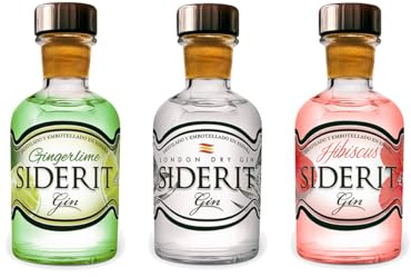 SIDERIT Pack Miniaturas Gin 3 x 50ml, 43% Vol, Ginebra artesanal variada: London Dry, Hibiscus y Gingerlime. Destilación en vidrio. Ideal para degustaciones, regalos y cócteles sofisticados.