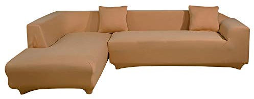 ele ELEOPTION Sofa Überwürfe elastische Stretch Sofa Bezug 2er Set 3 Sitzer für L Form Sofa inkl. 2 Stücke Kissenbezug (Khaki)