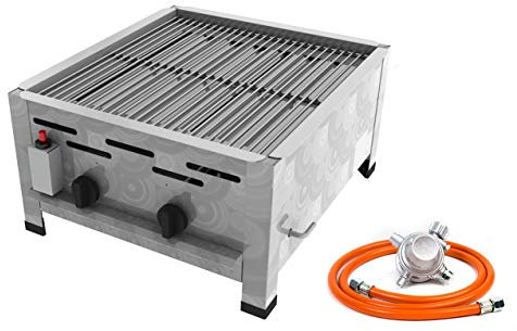 Gastro Edelstahl Gasbräter 2 flammig 7,3 KW mit Grillrost f. Propangas + Gasschlauch, Gewerberegler und SBS (Gastronomie - Wurstbräter, Gasgrill Gastrokocher, Gasherd, Bräter, Grill)