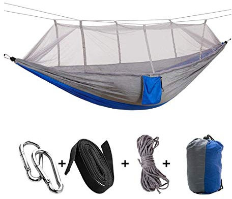 Wifehelper Portable Camping Voyage Hamac Lit Suspendu avec Moustiquaire pour Randonnée en Plein Air Voyage Randonnée (Gris + Bleu)