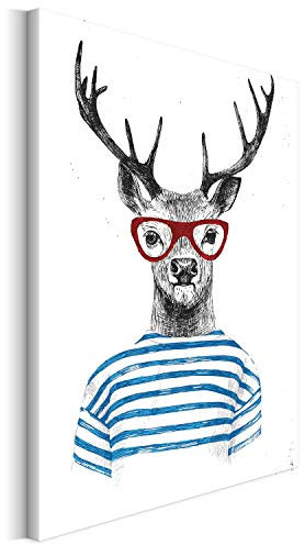 Revolio 70x100 cm Leinwandbild Wandbilder Wohnzimmer Modern Kunstdruck Design Wanddekoration Deko Bild auf Leinwand Bilder 1 Teilig - Hirsch Tiere Brille rot schwarz blau