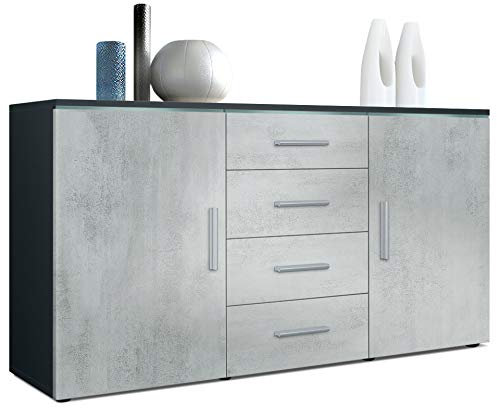 Vladon Sideboard Faro V1 - Kommode mit 2 Türen & 4 Schubladen, Schrank mit LED Lichtleiste, Anthrazit matt/Beton Oxid Optik (138,5 x 75,5 x 35)