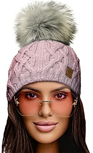 4sold Herren Damen Wurm Winter Style Beanie Handmade Strickmütze Mütze mit Fellbommel Bommelmütze Hat Gestrickte Pudelmütze Plain Ski Pom Wooly with Full Cosy Fleece-Futter (Debora Rouse PINK)