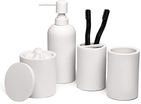 Jo Lavie Matte White Bathroom Accessories Set – 4-Piece Resin Countertop Organizer with Soap Dispenser, Tumbler, Toothbrush Holder & Cotton Swab Jar – Modern Minimalist Vanity Kit