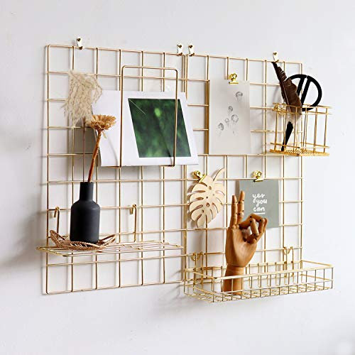 FRIADE Wandgitter-Panel für Foto-Display, Wandaufbewahrung, Organizer, 5 Metall-Clips, 3 S-Haken, 4 Nägel, 4 Kunststoff-Hängeschnallen und 4 Schrauben, Größe 44,5 x 30 cm, 2 Stück (Gold)