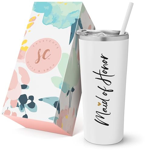 SassyCups Maid of Honor Cup | Vacuum Insulated Stainless Steel Tumbler with Straw | Will You Be My Maid of Honor Travel Mug | For Maid of Honor Proposal | Bridal Party | MOH (22 Ounce, White)